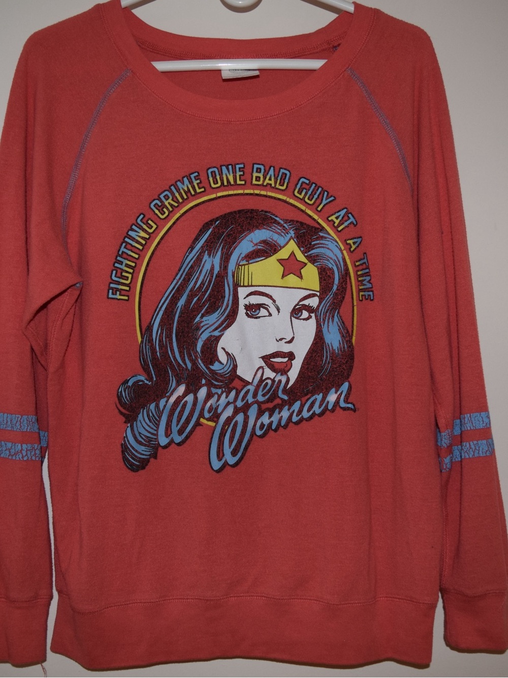 DC Comics Wonder Woman “Fighting Crime” Graphic Sweatshirt Coral Red Raglan